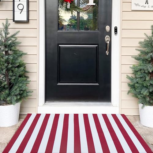 CAINANEL Christmas Outdoor mat 27.5"x43" Red and White Striped Outdoor Rug Front Porch Rug,Christmas Home Decor, Layerd Welcome Doormat for Front Porch Decor, Front Door, Farmhouse Decor - color: Red and White, size: 2'4" x 3'7" (Rectangular)
