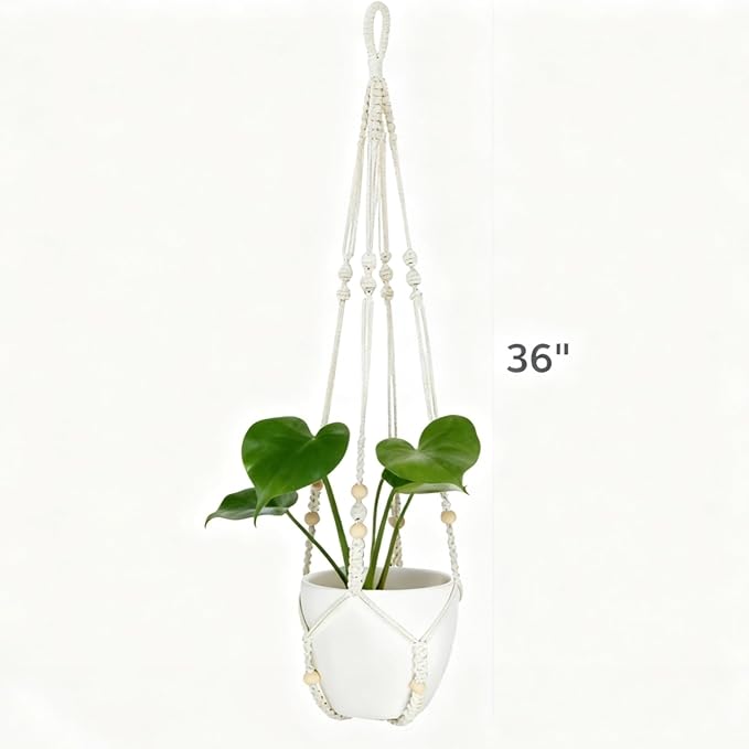 2 Pack Macrame Plant Hanger 36 Inch, Ivory Hanging Planter Holder with Wood Beads & No Tassels,Larg Hanging Baskets Indoor Outdoor Boho Home Decor for Flower Pots (2 Hooks Included)