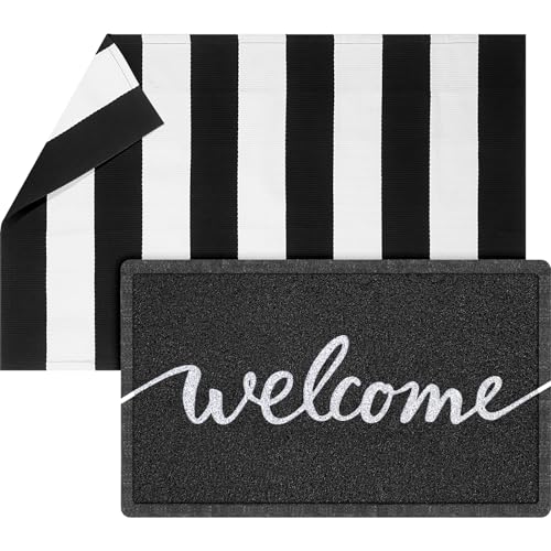 Geelin 2 Pcs 30'' x 18'' Doormat 43'' x 27.5'' Black and White Layered Rug for Front Door Mat Outside Entrance Welcome Door Mats for Indoor Outdoor Entryway Porch Decor(Stripe Welcome) - style: Stripe Welcome