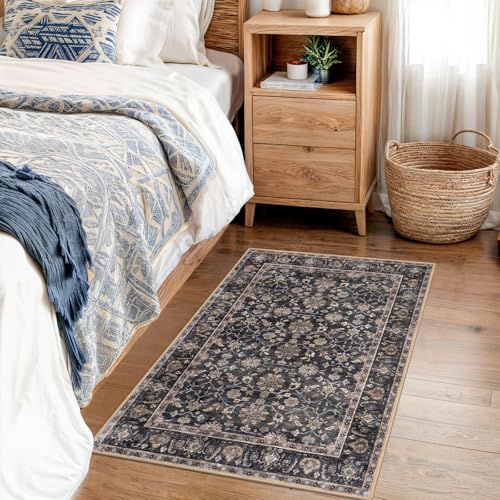 KUTA Vintage Floral Entryway Rug 2x3, Kitchen Area Rugs Non-Slip Washable Throw Rug, Brown Ultra Thin Soft Print Front Door Mat Indoor Doormat for Entrance, Bedside, or Small Spaces - color: Brown, size: 2' x 3' (Rectangular)