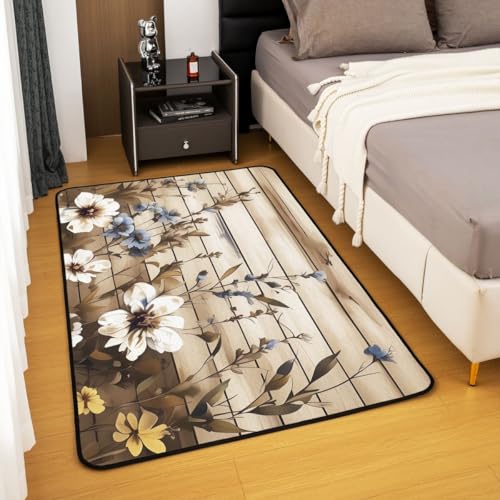 Erosebridal Rustic Flowers Area Rug 6'6" x 4'11" Vintage Floral Living Room Rugs Wooden Board Decorative Carpet Farmhouse Indoor Floor Mat - color: Beige Brown, size: 4'11" x 6'6" (Rectangular)
