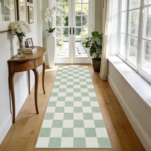 GarveeHome Checkered Sage Green 2x6 Washable Kitchen Runner Rus Geometric Diamond Dot Modern Soft Low-Pile Long Rug for Bedroom Hallways Entryway Non-Slip TPE Rubber Backing - color: Sage Green, size: 2' x 6' (Runner)