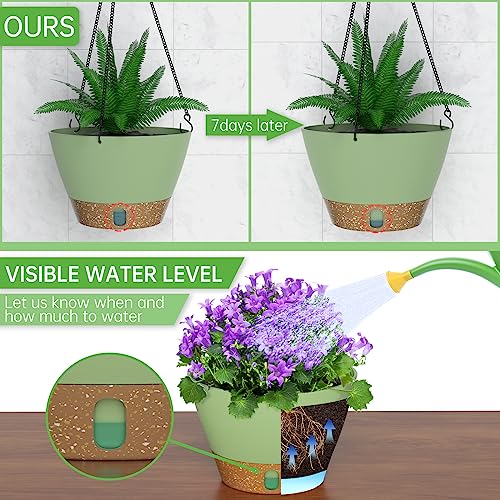 ZMTECH 2 Pack 8 Inch Hanging Baskets for Plants Outdoor Indoor, Modern Green Planters with Water Level Window & Metal Chain for Balcony Patio Garden Home Decor - color: Green, size: 8 Inch