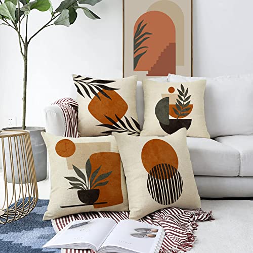 Boho Abstract Sunset Plant Olive Leaves Decorative Throw Pillow Covers Set of 4, Bohemian Geometry Line Pillowcase Decoration, Minimalist Modern Art Aesthetic Cushion Case Home Decor 18x18 - color: Boho Plant, size: 18" x 18" (Pack of 4)