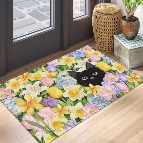 Floral Cat Spring Entryway Rugs 2x3 Summer Home Decor Doormat Small Non-Slip Low Pile Front Door Mat Washable Throw Rugs for Kitchen Bedroom Bathroom Holiday Decor - color: Floral Cat