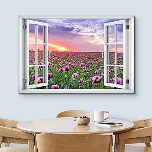 wall26 Canvas Print Wall Art Window View Sunset Purple Orchid Daisy Flower Field Wilderness Nature Photography Realism Scenic Landscape Colorful Multicolor for Living Room, Bedroom, Office - 12"x18" - color: A001-2204-yui12, size: 18"L x 12"W