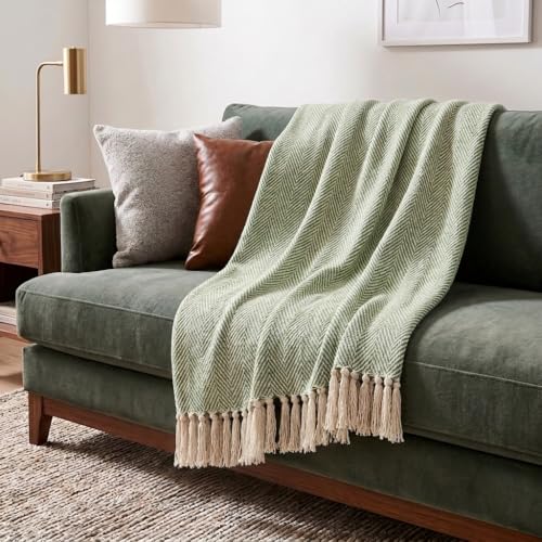 Americanflat 50x60 Throw Blanket - Soft and Breathable Cotton Throw Blanket for Couch, Bed, Chair - Decorative Blankets Perfect for Home, Office, or Outdoor Use - Sage and Beige Herringbone Design - color: Zaina Sage and Beige Herringbone