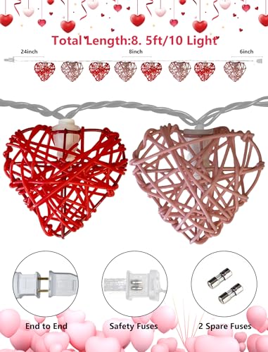 8.5ft Valentine’s Day Heart String Lights Plug in, Vintage Rattan Lights with 10 LED Red Pink Shatterproof Bulbs, Fairy Lights for Indoor Outdoor Home Decor Wedding Party Birthday, Warm White - color: Rattan Red Pink Heart