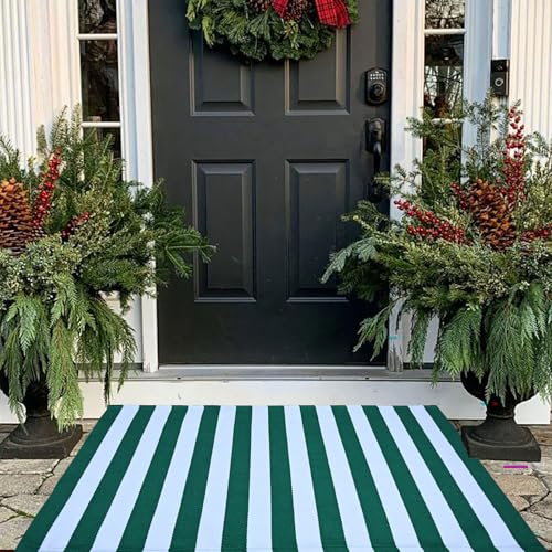 Green & White Striped Rug, 2'4" x 3'7" Indoor/Outdoor Area Rug for Front Porch, Entryway, Machine Washable Cotton Woven Welcome Door Mat - color: Green & White Stripe, size: 2'4" x 3'7" (Rectangular)