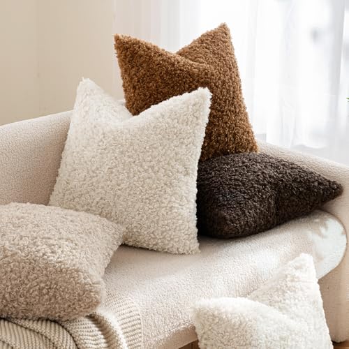 MIULEE Pack of 2 Faux Fur Throw Pillow Covers 18x18 Inch Neutral White Boucle Decorative Sherpa Pillow Covers Fuzzy Accent Soft Sheepskin Fleece for Boho Home Decor Sofa Living Room Couch Bed - color: Neutral White, size: 18" x 18" (Pack of 2)