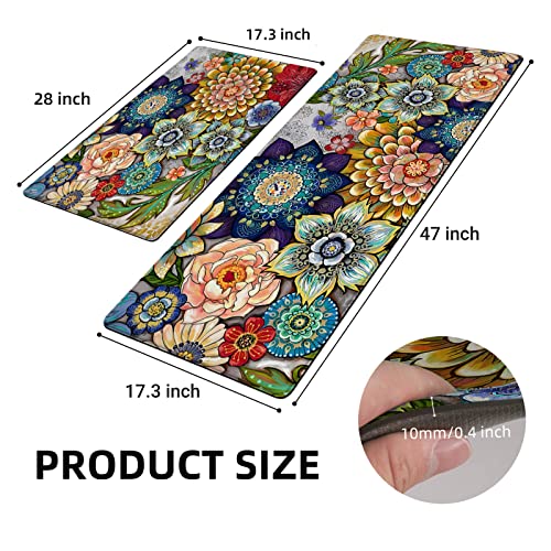 Boho Floral Kitchen Rugs Mats for Floor 2 Piece Memory Foam Padded Kitchen Mats Anti Fatigue Non Slip Cushioned Comfort Standing Mat, 17.3x28+17.3x47 Inch - color: Colorful Boho Floral, size: 17.3"x28"+17.3"x47"-0.40Th[2PCS]