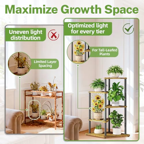 iDavosic.ly Tall Plant Stand Indoor for Large & Heavy Duty Planters, 4 Tier Corner Flower Shelf with Wooden Trays & Metal Frame, 33 Inch Orchid Rack for Living Room Balcony Porch, Black & Brown - size: 4 Tier without Light