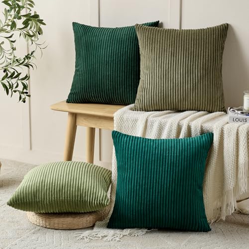 Volcanics Set of 4 Dark Green Corduroy Decorative Couch Throw Pillow Covers 18x18 Inch, Soft Modern Boho Striped Accent Cushion Cases for Home Sofa, Rustic Home Decor - color: Dkgreen, size: 18" x 18" (Pack of 4)