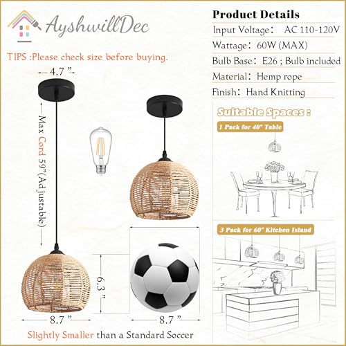 2 Pack Wicker Pendant Light Natural Woven Pendant Light Boho Chandelier Light Fixture Dome Rustic Farmhouse Pendant Lights Rattan Light Fixture for Kitchen Island Dining Room (Bulb Incl.) - color: 8.7" Natural 2-Pack