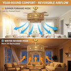 Boho Ceiling Fan with Light: 4-Lights Hand Woven Rattan Chandelier with DC Reversible,6 Speeds, 3CCT - Farmhouse Caged Ceiling Fan for Bedroom,Living Room,Kitchen,Nursery,Island