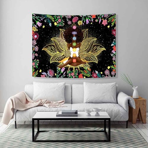 Ine Ive African Chakra Tapestry African American Woman Zen Meditation Tapestries 40x30 Inch Starry Sky Flower Garden Inspirational Afro Yoga Wall Art for Bedroom Dorm Decor - size: 40"L x 30"W