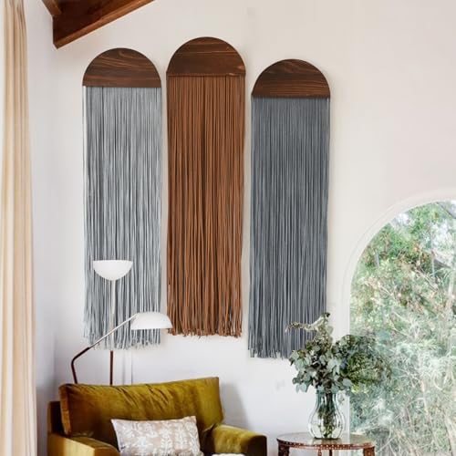 Macrame Wall Hanging 3Pcs Boho Wall Decor Handmade Macrame Art Fringe Design Wedding Macrame Backdrop Headboard Wall Decor 10" W x 40" L - color: Grey and Brown