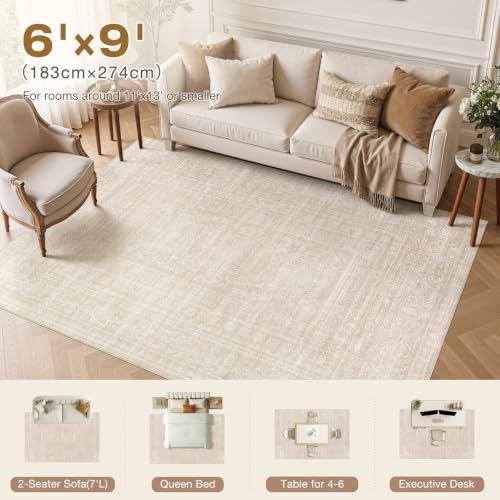 Nakagishi 6x9 Area Rugs Living Room: Washable Large Vintage Rug Neutral Non-Slip Soft Stain Resistant Indoor Carpet for Bedroom Nursery Dining Room Office Playroom - Beige - color: Beige, size: 6' x 9' (Rectangular)