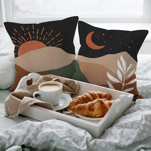 HIWX Boho Pillow Covers, Boho Sun Moon Mountains Decorative Pillowcase Throw Pillow Cover 18x18,Boho Throw Pillows,Boho Sun Desert for Sofa Bed Room Home Bedroom Decor Set of 2 Pillow Case - color: Black-boho-set of 2