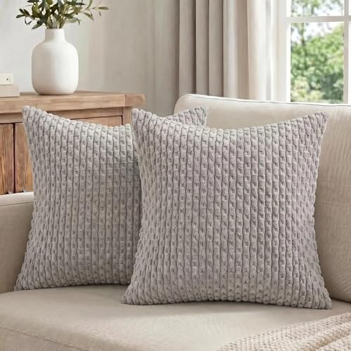 Fancy Homi Set of 2 Neutral Grey Decorative Throw Pillow Covers 18x18 Inch for Couch Bed Sofa Bedroom, Modern Farmhouse Boho Home Decor, Soft Fluffy Textured Corduroy Cute Gray Cushion Case 45x45 cm - color: Gray, size: 18" x 18" (Pack of 2)