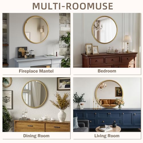 Large Beaded Round Gold Mirror 32" – Metal Frame Circle Wall Mirror, Simple Modern Accent Mirror for Bathroom, Vanity, Entryway, Living Room - color: Simple - 32"l X 32"w