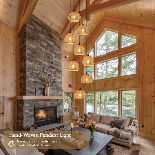 8-Light Woven Foyer Chandeliers for High Ceiling H100",8 Dome Boho Rattan Pendant Lights Farmhouse Ceiling Light,rustic Hemp rope Light Fixture For Living Room Hallway Staircase Entryway (Bulb Incl. - color: 16" Natural 8-Light