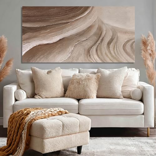 MLART99 Modern Abstract Beige and Brown Canvas Wall Art Textured Minimalist Line Painting Wave-Inspired Artwork for Living Room Bedroom Office Home Decor 24x48 Inch - color: Brown and White, size: 48"L x 24"W