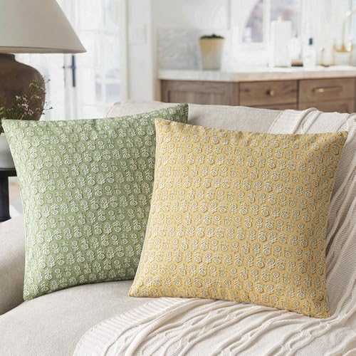 Foindtower Set of 2 Decorative Vintage Floral Print Throw Pillow Covers Neutral Modern Farmhouse Cushion Covers Boho Home Decor For Sofa Chair Couch Bedroom Living Room Outdoor,18×18 Inch,Light Yellow - color: Golden Cream, size: 18" x 18" (Pack of 2)