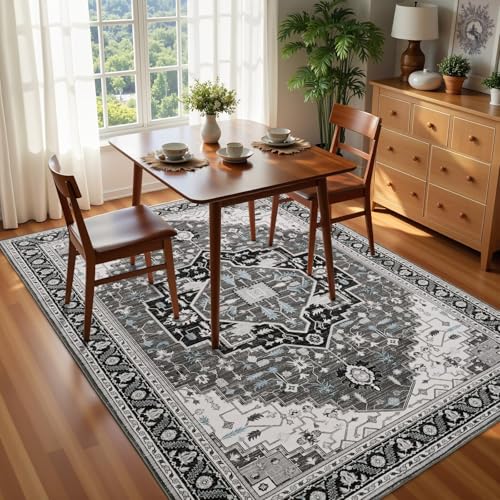 Macgace 4x6 Black Grey Area Rug for Living Room, Machine Washable Rugs with Non-Slip Backing for Bedroom, Vintage Medallion Carpet Kitchen Laundry Kids Room Decor - color: Black & Grey, size: 4' x 6' (Rectangular)