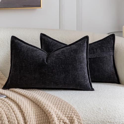 MADIZZ Pack of 2 Decorative Throw Pillow Covers Soft Chenille Throw Pillows Solid Textured Cushion Covers for Couch Sofa Bedroom Living Room 20x12 Inch, Black - color: Black, size: 20" x 12" (Pack of 2)