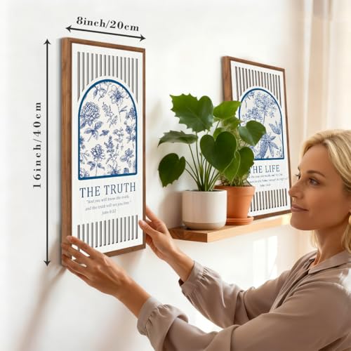 BINCUE Jesus Wall Art Flower,Christian Bible Wall Art Florals,Bible Verse Artwork,Blue White Flower Hanging Decor,Modern Scripture Wood Wall Decor for Living Room Bedroom Home 8x16 Inch Set of 3 ﻿ - color: Bule & White