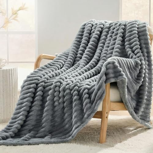 Gray Striped Throw Blanket, 330GSM Soft Plush Fleece Blanket for Couch Sofa Travel, Decorative Cozy Giftable Home Blanket, 50x60 Inches - color: Grey, size: Throw(50"x60")