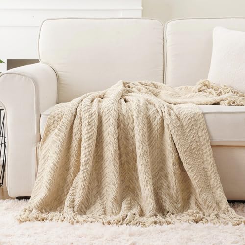 BATTILO HOME Beige Throw Blankets for Couch, Knitted Tan Throw Blanket for Twin Bed, Super Soft Warm Large Throws for Home Decor, 60" x 80" - color: Beige, size: 60"x80"
