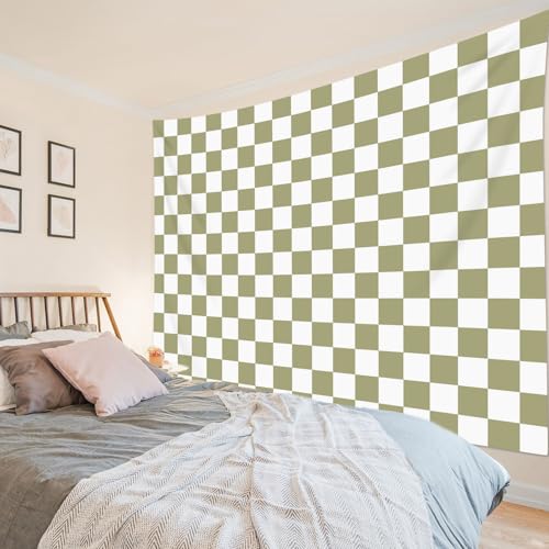 HVEST Retro Checkered Tapestry Sage Green Checkered Grid Pattern Tapestries Wall Hanging Vintage Checkerboard Wall Art Tapestry for Bedroom Living Room Dorm Decor, 51L x 59W Inches - color: Sage Green, size: 51"L x 59"W