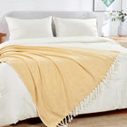 Herringbone Knitted Two Tone Throw Blankets with Braided Tassel Fringe, Boho Farmhouse Lightweight Turkish Throw Blanket for Couch Bed Sofa, Picnic, Yoga, Outdoor Blanket, 50 x 60 Inch, Yellow - color: Yellow