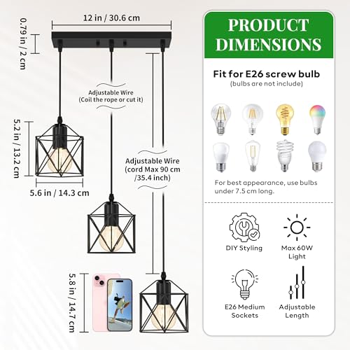 3 Light Pendant Lighting, Farmhouse Hanging Light Fixture for Kitchen Island & Dining Room, Industrial Vintage Ceiling Lamp with E26 Base, Adjustable Height, Matte Black - color: Long Base Metal Pendant - 3-Light (Black)
