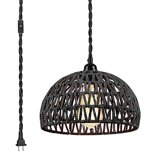 Lighting fixtures, 1-Light Pendant Light,Boho Black Woven Rattan Basket with Twist Hemp Hanging Cord Plug in Coastal Pendant Lamp for Dining Living Room Kitchen Island Foyer Bedroom Hallway