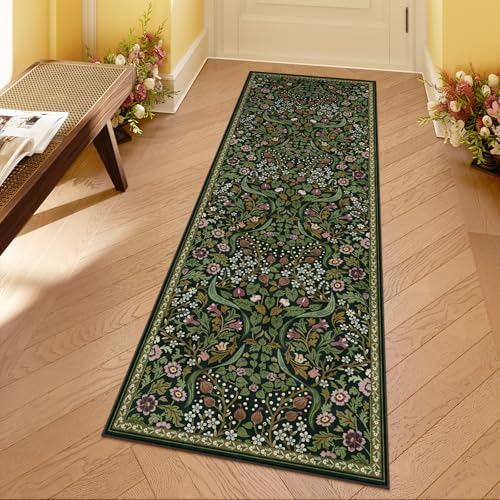 Moynesa Floral Kitchen Runner Rug 2x6, Washable Runners for Hallways Non Slip Green Soft Bathroom Carpet Runner, Boho Ultra Thin Botanical Throw Rug for Laundry Room Entryway, Green - color: Green, size: 2' x 6' (Runner)