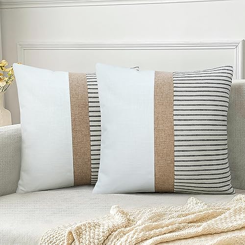 JASEN Farmhouse Pillow Covers 18x18, Modern Accent Square Throw Pillow Covers Set of 2, Black and Beige Striped Patchwork Decorative Pillow Case for Sofa Couch Chair Bedroom - color: Black, size: 18" x 18" (Pack of 2)