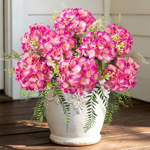 Ammyoo Artificial Hydrangea Flowers Silk Rose Red Fake Flower with Eucalyptus for Outdoor Decorations UV Resistant Realistic Faux Plants for Garden Porch Window Box Indoor Bathroom Dining Table Decor - color: Rose Red