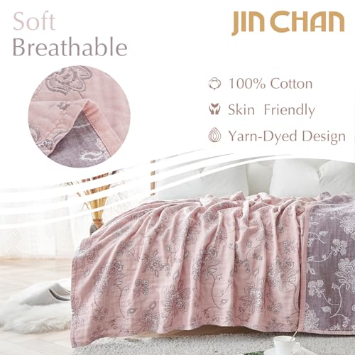 jinchan Boho 100% Cotton Muslin Queen Size 80x90 Inches Blanket Lightweight 4-Layer Quilted Soft Pink Multi Floral Throw Blanket Reversible Comfy Flower Rustic All Seasons Couch Bedroom Decor - color: Floral Pink Red, size: 80"x90"