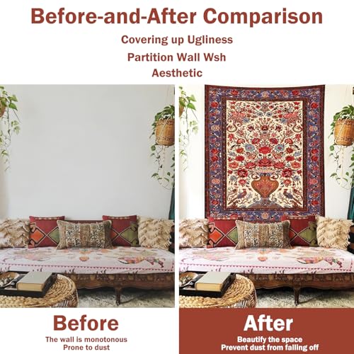 Atrippy Vintage Boho Floral Tapestry Wall Hanging, Large Persian Flower Wall Art Tapestries Bedroom Aesthetic, Bohemian Indian Decorative Decor for Living Room Dorm 51×60 Inches - color: A- Red Flowers Vintage Tapestry, size: 60"L x 51"W