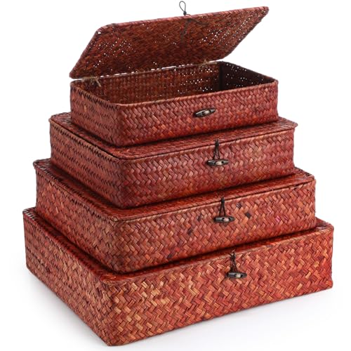 Didaey Set of 4 Seagrass Basket with Lid Wicker Storage Basket Decorative Storage Boxes with Lids Flat Storage Bins Woven Organizer Baskets for Shelf Closet Bedroom, 4 Sizes (Retro Red) - color: Retro Red