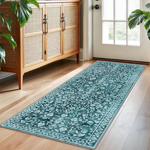 Vintage Washable 2x5 Rug Runner, Teal Runners for hallways, Super Soft Kitchen Runner Rug Non Slip, Print Faux Wool Floral Thin Carpet Runner for Entryway Indoor Bedroom - color: Vintage Teal, size: 2' x 5' (Runner)