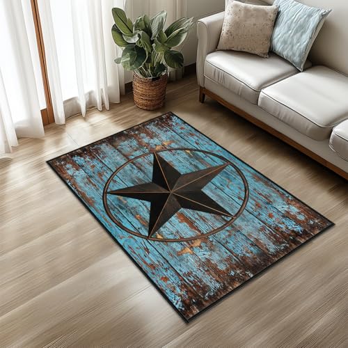 Western Rug 2x3 Washable Area Rugs,Barn Texas Star on Old Wooden Plank,Ultra-Thin Soft Rug Rustic Small Throw Carpet Vintage Floor Carpets Non Slip Indoor Door Mat for Entryway Bedroom Kitchen,Teal - size: 2'x3'
