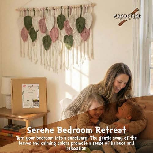 WOODSTICK Large Macrame Wall Hanging 39"W x 29.5"L - Boho Wall Decor in Beige, Old Pink & Green - Chic Woven Leaf Leaves Boho Tapestry, Handmade Cotton Fiber Art, Macrame Wall Décor, Bedroom Tapestry - size: 39"L x 29.5"W
