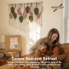 WOODSTICK Large Macrame Wall Hanging 39"W x 29.5"L - Boho Wall Decor in Beige, Old Pink & Green - Chic Woven Leaf Leaves Boho Tapestry, Handmade Cotton Fiber Art, Macrame Wall Décor, Bedroom Tapestry - size: 39"L x 29.5"W