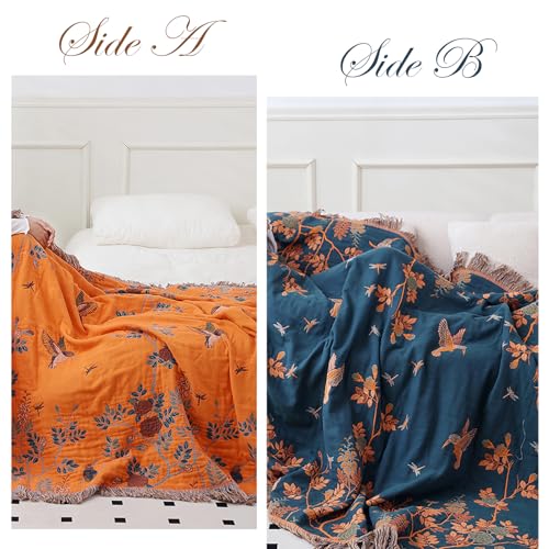 Snycler Boho Throw Blanket for Bed, 100% Organic Cotton Muslin Soft Throw-Floral Bird Farmhouse Rustic Spring Summer Fall Decor Blanket for Couch Sofa Quilt and Gift, 60" x 80" Orange - color: Orange Floral Bird, size: 60"x80"
