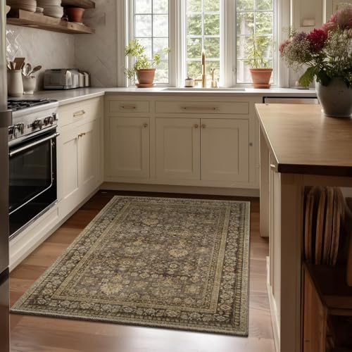 Washable 3x5 Entryway Rug, Boho Non-Slip Vintage Distress Small Rugs for Kitchen Nursery Office Bedroom, 0.3" Neutral Oriental Throw Thin Carpet with Cushioning Pad, Red/Brown/Multi, C4 - color: Deep Brown/Multi, size: 3' x 5' (Rectangular)