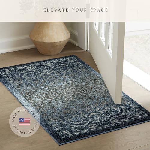 Maples Rugs Pelham Vintage Medallion Area Rugs - Made in USA - Washable, Non-Slip, Low Profile Indoor Rug for Entryway, Foyer, Kitchen, and Bathroom, 1'8 x 2'10, Navy/Grey - color: Navy/Grey, size: 1'8" x 2'10" (Rectangular)